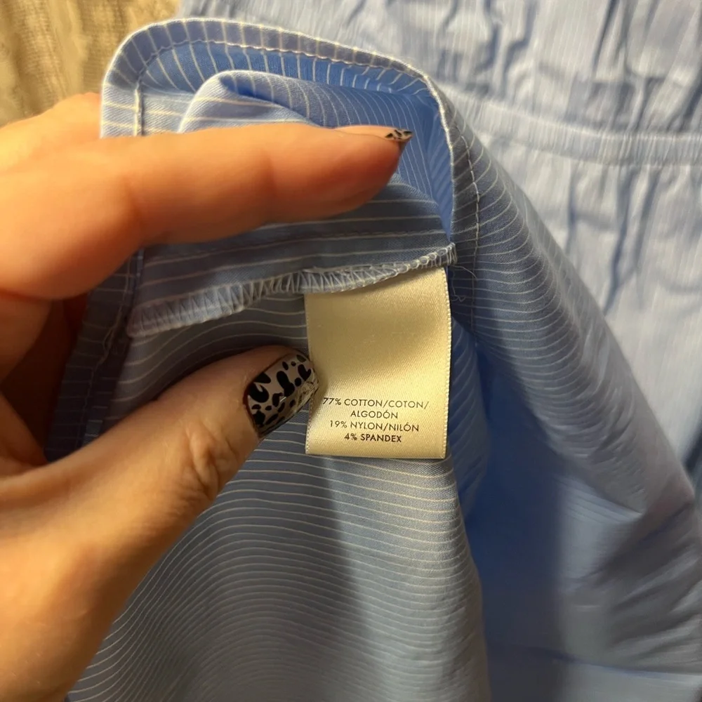 Ann Taylor Blue and White Pin Stripe Cold Shoulder Ruffle Dress (102) - Picture 7 of 9